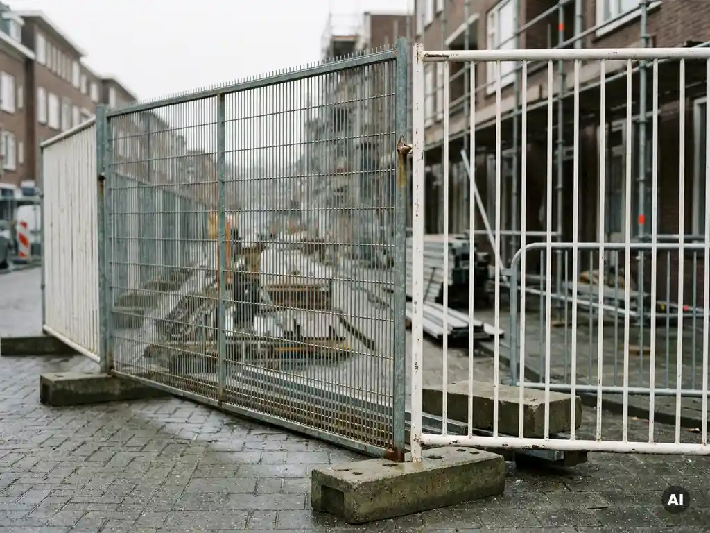 Anti-klimhek met nauw maaswerk naast een buizensteigerhek op Hollands straatwerk, verankerd met betonnen ballastvoeten.