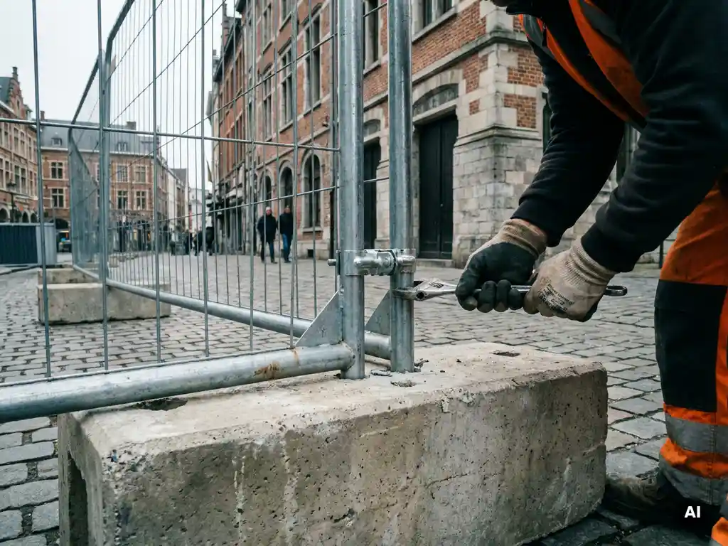 Bouwwerker bevestigt verzinkt stalen bouwhekpaneel in betonnen ballastblok op Europese straat met kasseien en bakstenen gevels.