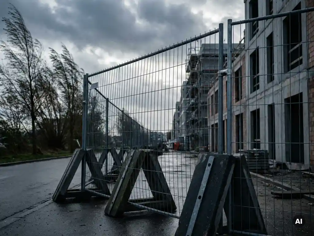 Verzinkt stalen bouwscherm met A-frame voeten op Europese stedelijke bouwplaats tijdens stormweer.