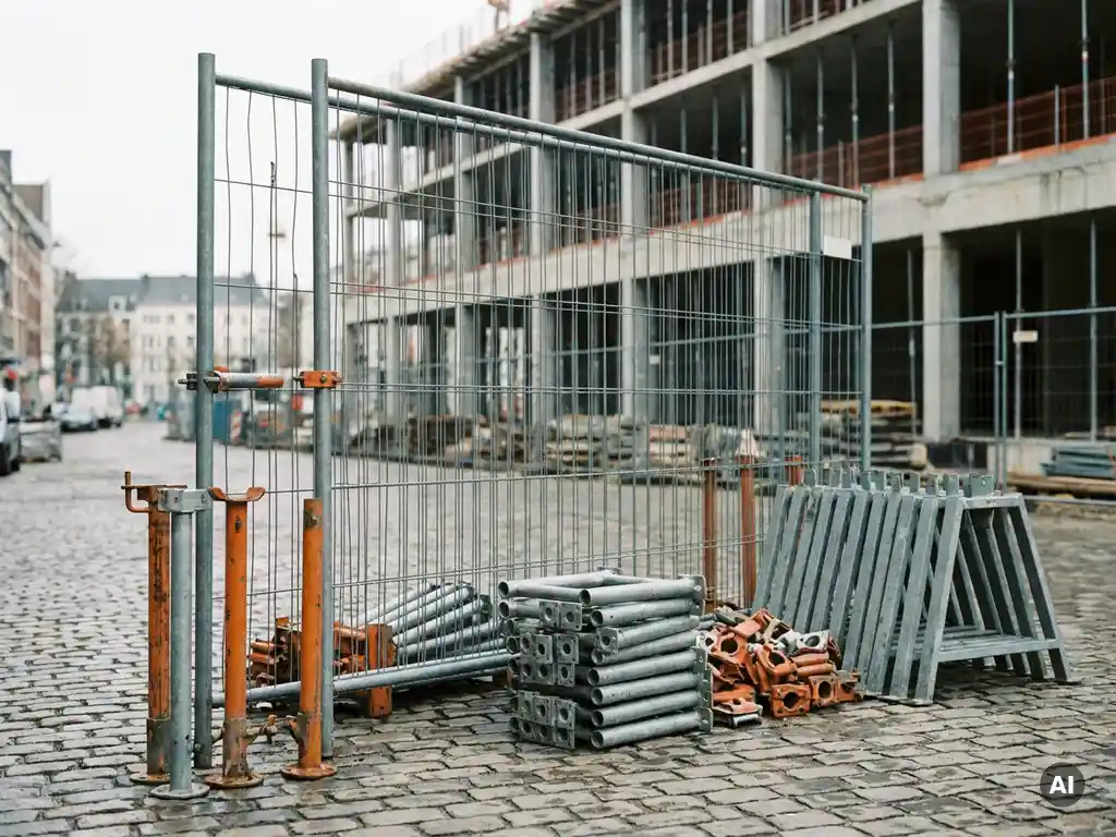 Stalen bouwhek op Europese bouwplaats met grondankers, klemmen en A-frames op kasseien, betonnen gebouw op achtergrond.