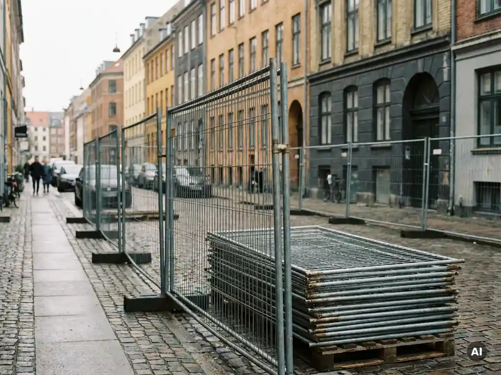Rij stalen bouwschuttingen op een Europese werf met gestapelde panelen, kinderkopjes en bakstenen gebouwen op de achtergrond.