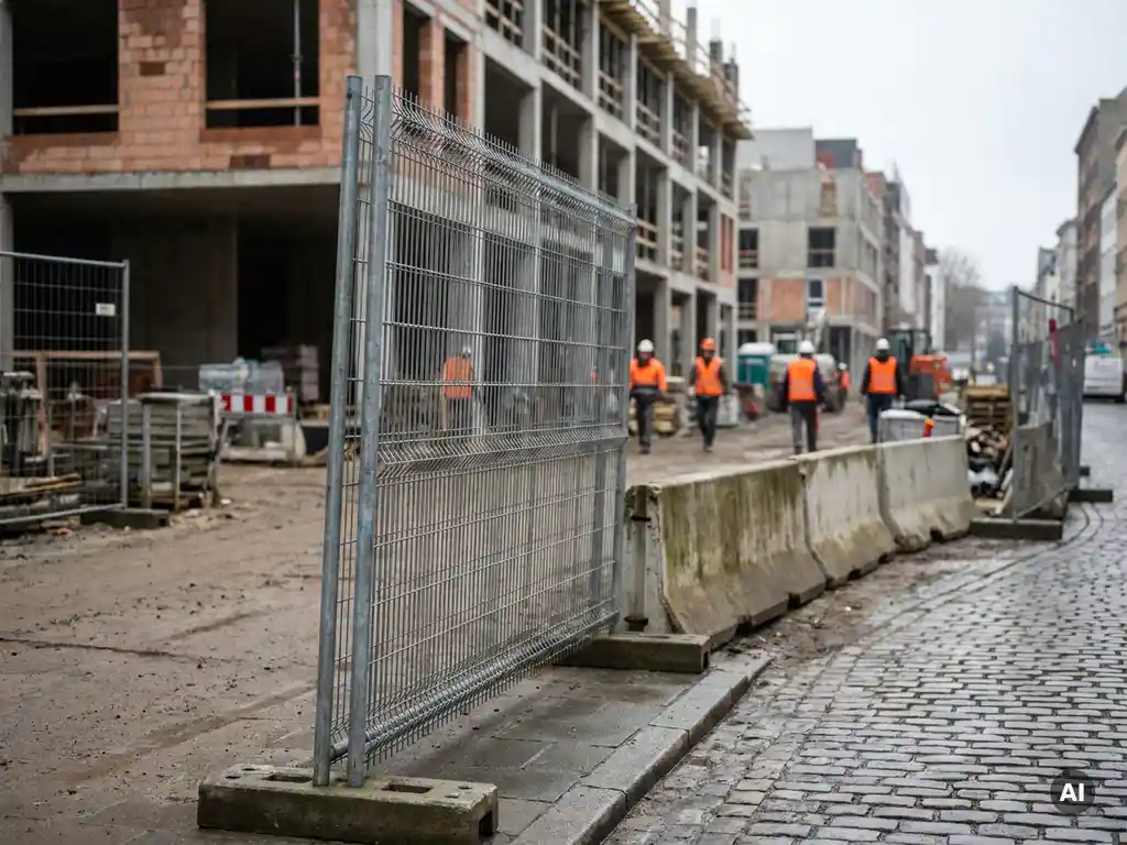 Gegalvaniseerd stalen bouwhek op een Europese bouwplaats met betonnen barriers en arbeiders in veiligheidsvesten op de achtergrond.