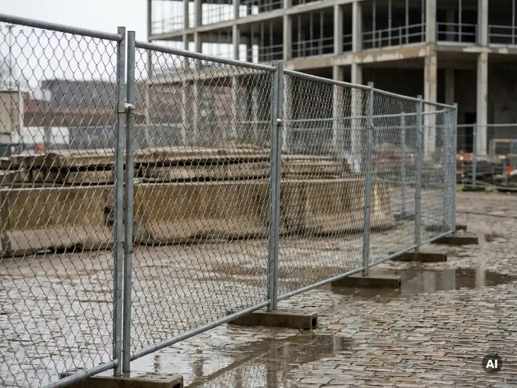 Verzinkt stalen bouwhek op Europees stedelijk bouwterrein, met betonnen barriers en gedeeltelijk gebouwde structuur op de achtergrond.