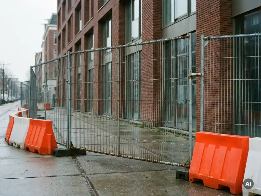 Stalen bouwschutting op een Nederlandse stoep, geflankeerd door oranje-witte veiligheidsbarricades en een bakstenen gevel op de achtergrond.
