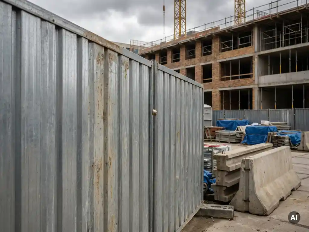 Rij van hoge gegalvaniseerde stalen bouwplaatshekken op een Europese stedelijke bouwplaats, met betonnen barriers en een gebouw in aanbouw op de achtergrond.