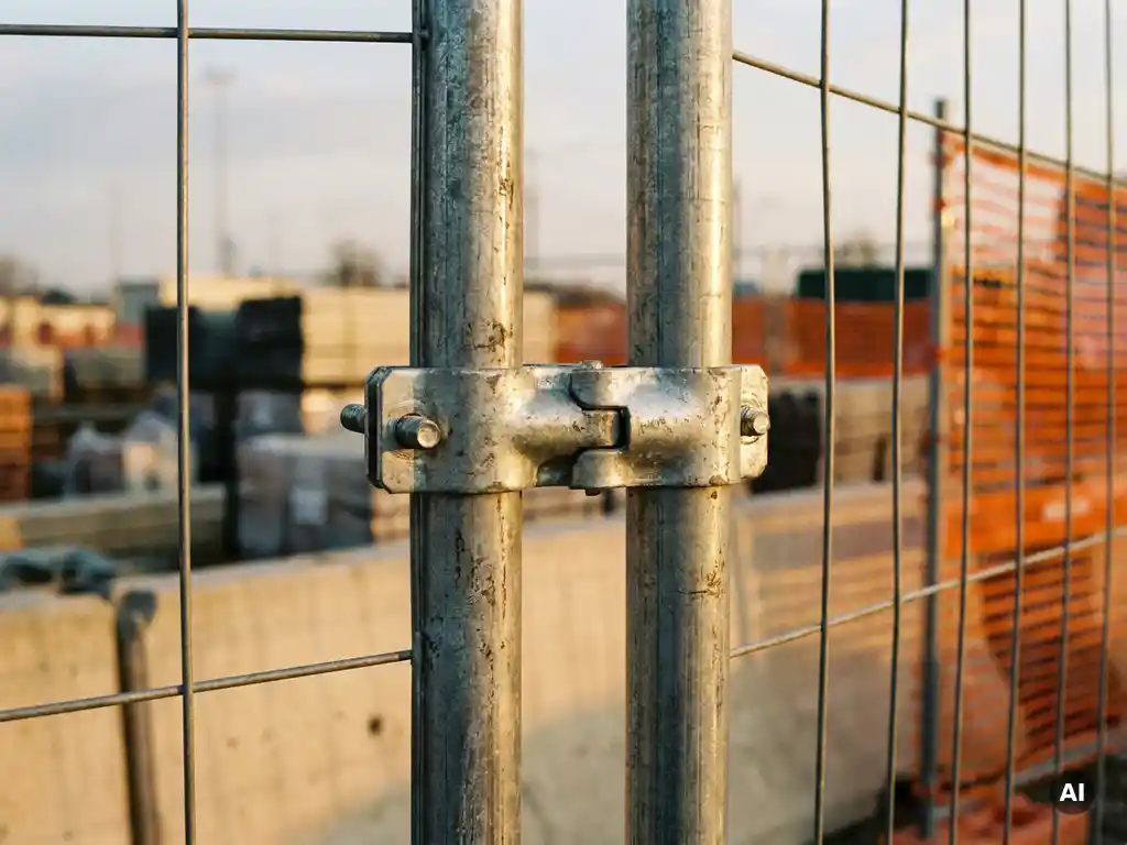 Twee zware gegalvaniseerde stalen bouwschermen gekoppeld met een metalen klem op een Europese bouwplaats met oranje veiligheidsnet.
