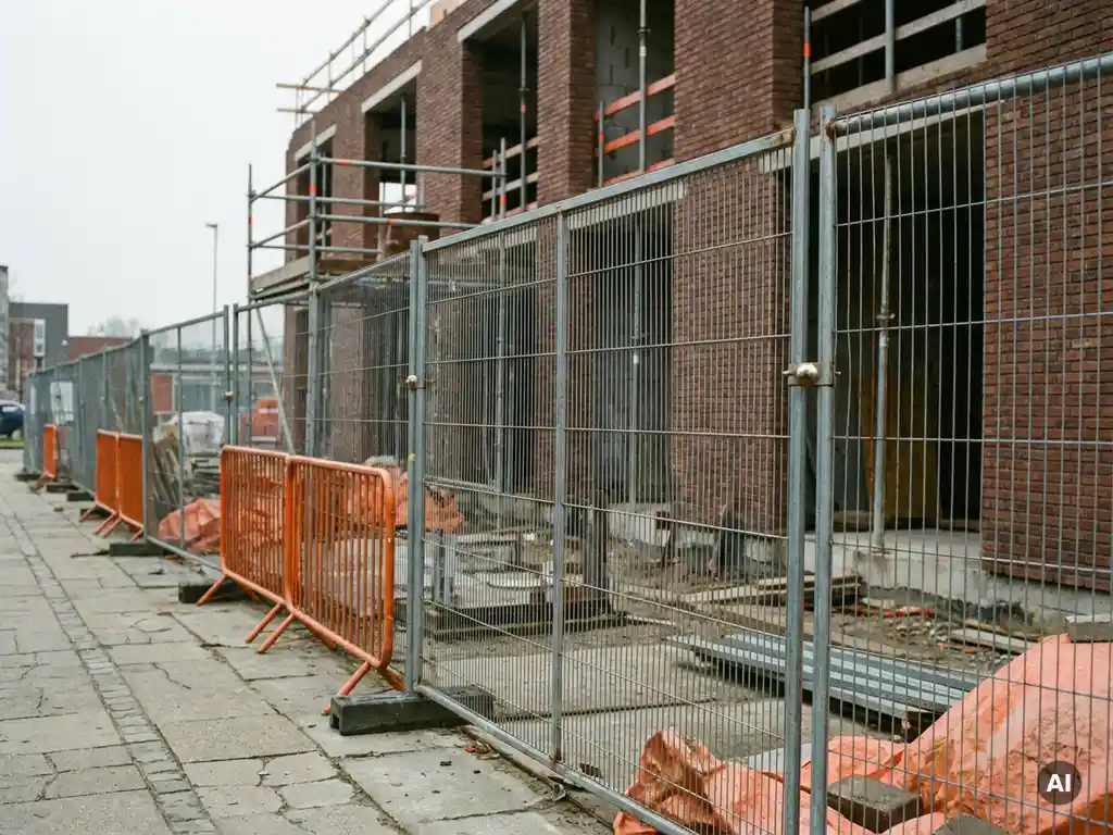 Gegalvaniseerde stalen hekken op betonnen stoep voor half-afgebouwde bakstenen gevel, bouwplaats in Noord-Europa.