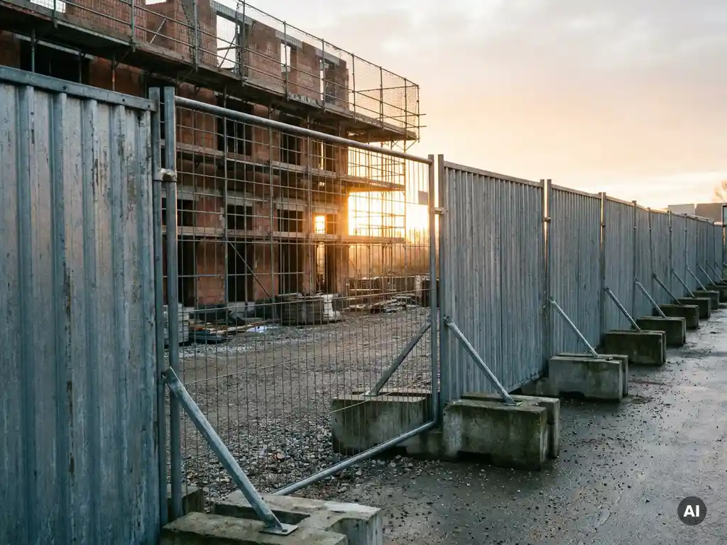 Rij gegalvaniseerde stalen bouwplaatshekken op Europese stedelijke locatie, betonnen voeten, gedeeltelijk gebouw op achtergrond.