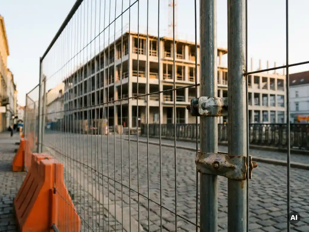 Tijdelijk bouwhek met gegalvaniseerde klemmen en verzwaarde voeten op Europese straatweg met kasseien en betonnen gebouw op achtergrond.