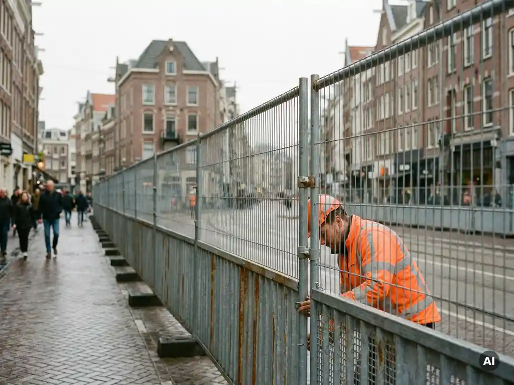 Bouwvakker in oranje veiligheidsvest bevestigt klem aan stalen bouwhekken op Europese straatweg met kasseien en bakstenen gebouwen.