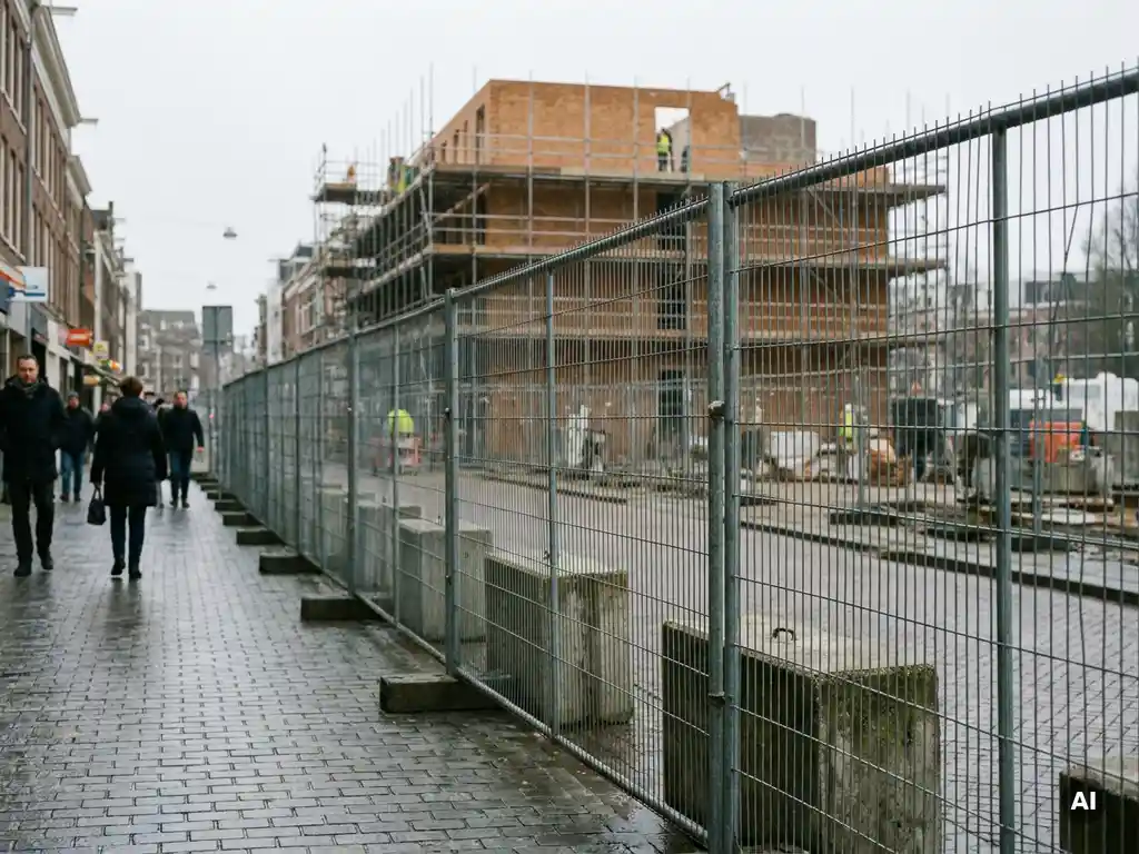 Tijdelijke bouwafzetting van gegalvaniseerd staal met betonnen voeten op een Nederlandse stoep, onafgewerkt bakstenen gebouw op achtergrond.