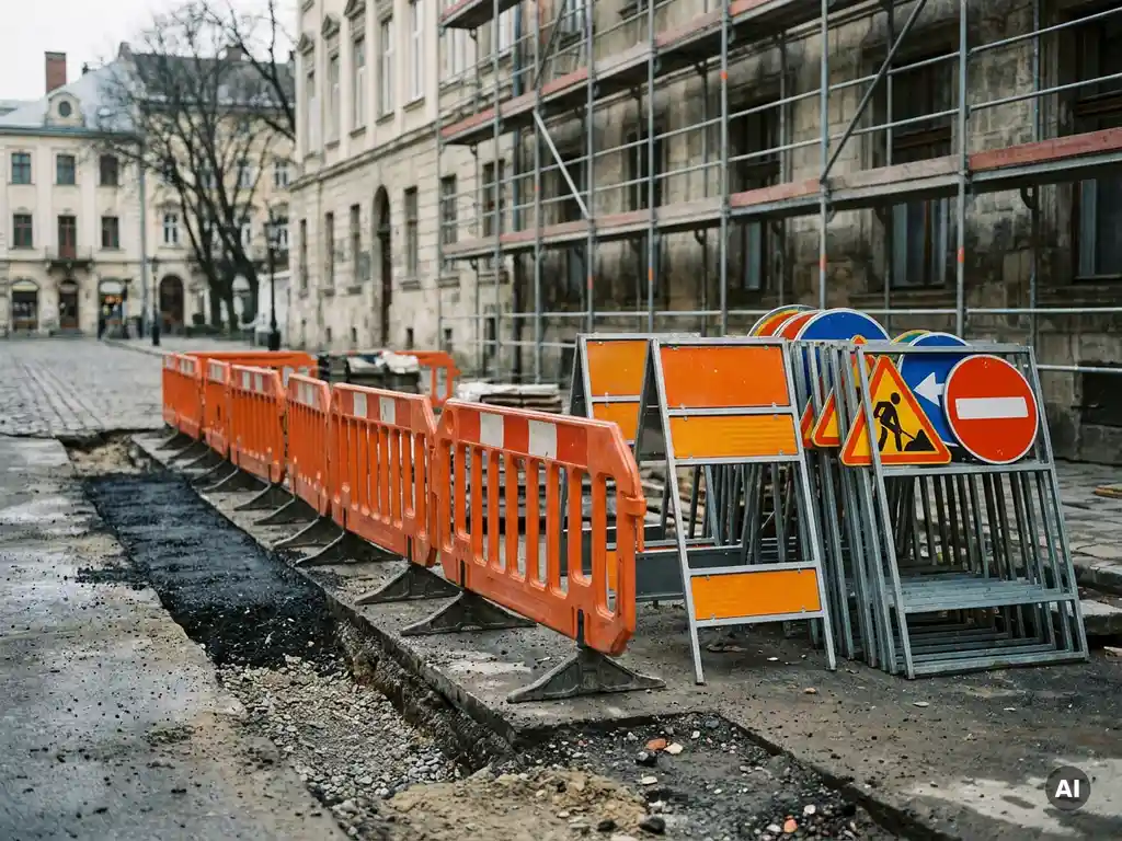 Oranje verkeersbarricades en stalen borden op Europese stedelijke bouwplaats met opgebroken asfalt en zichtbare steigers op de achtergrond.