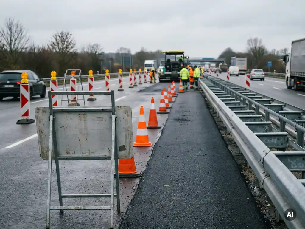 Wegwerkzaamheden op Europese snelweg met A-frames, stalen barriers, oranje verkeerskegels en een verzinkte stalen bordhouder op de voorgrond.