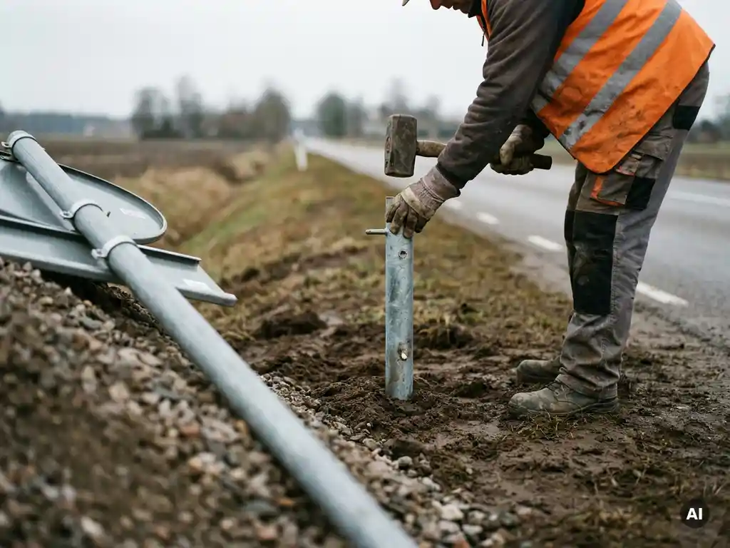 Wegwerker in oranje veiligheidsvest slaat grondanker voor verkeersbordpaal in Europese wegberm.