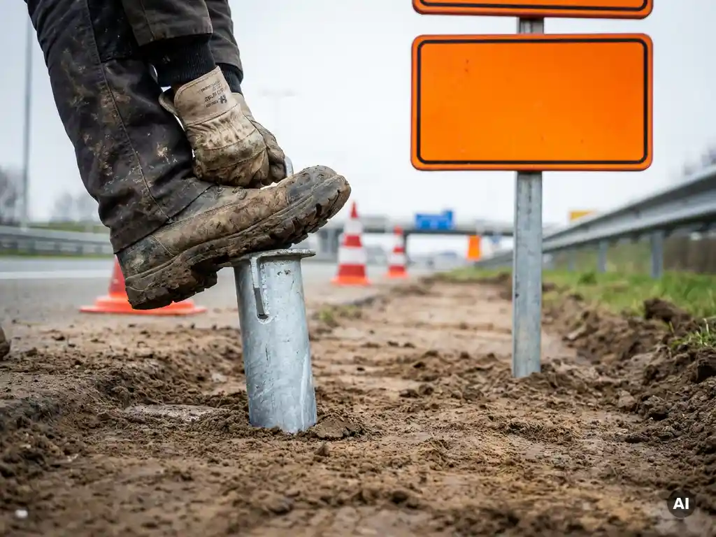 Gegalvaniseerde grondanker in wegbermgrond getrapt door werkhandschoen, oranje tijdelijk verkeersbord en verkeerskegels op Nederlandse snelweg op achtergrond.