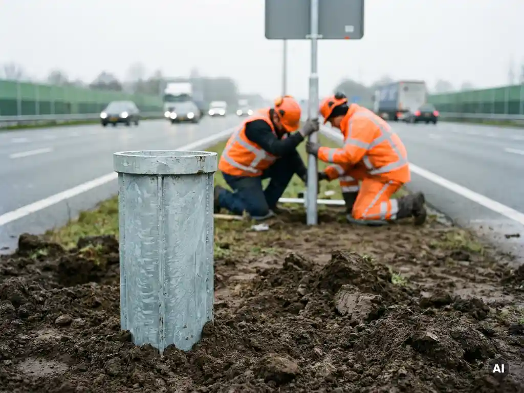 Verzinkte stalen grondpot ingegraven langs Belgische autoweg, arbeiders in veiligheidsvesten plaatsen verkeersbord bij bewolkt daglicht.