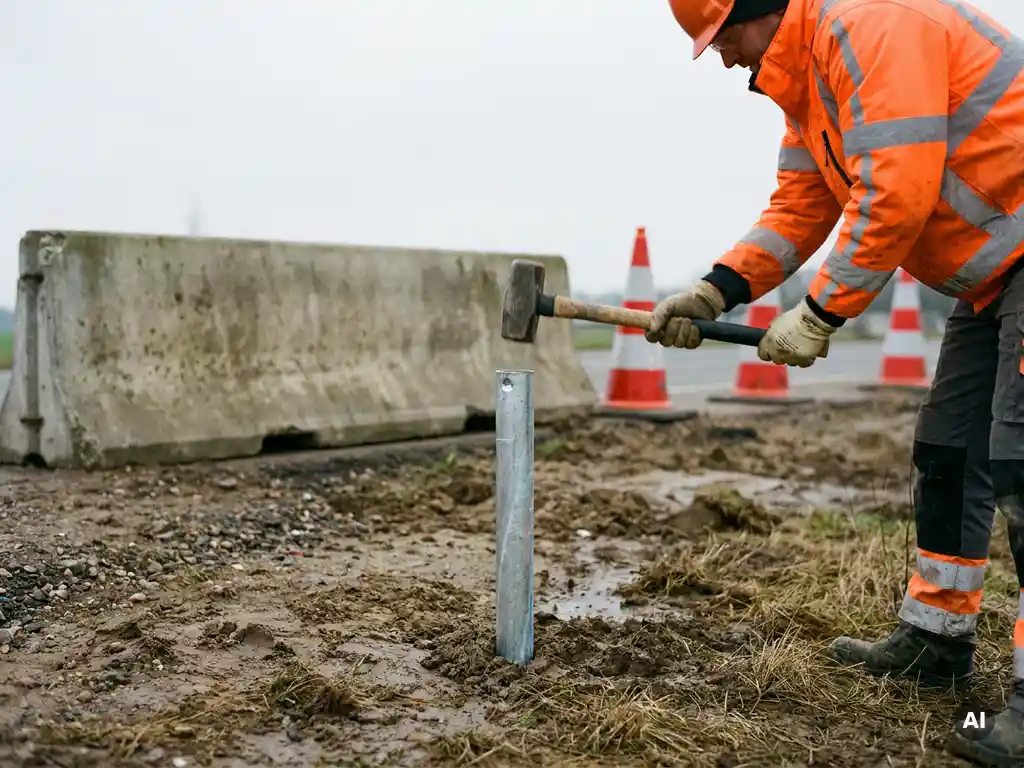 Bouwvakker in hesje slaat stalen grondpot in Europese bouwgrond, betonnen barrier en oranje verkeerskegels op achtergrond.