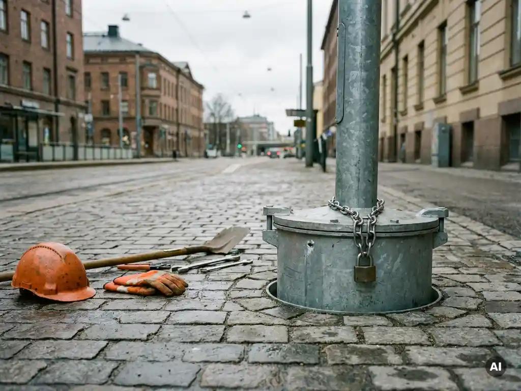 Stalen grondpot verzonken in Europees kasseienstraatwerk met verkeersbordpaal vergrendeld in de pot en bouwgereedschap op de grijze bestrating.