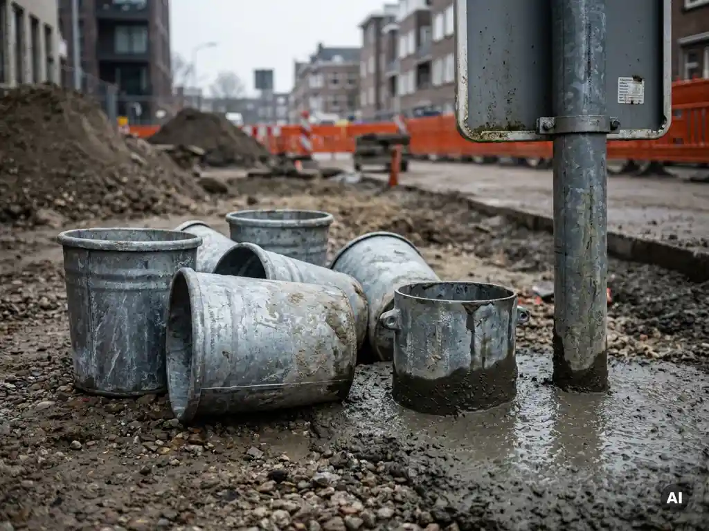 Verzwaarde gegalvaniseerde grondpotten op bouwplaats, één ingestort in vers beton naast een stalen verkeersbordpaal, grindbodem op de achtergrond.