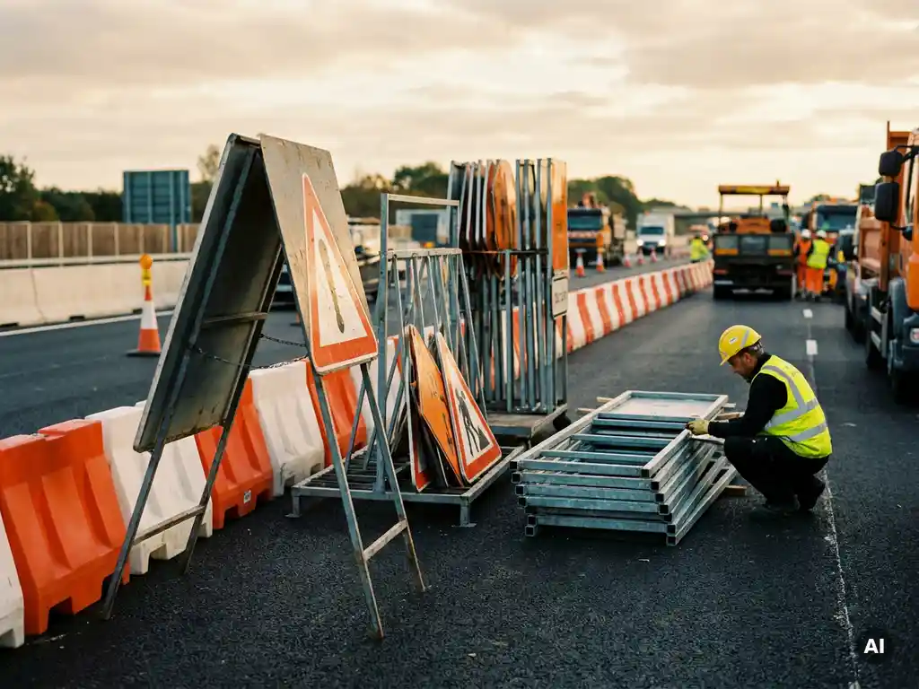 Verkeersbordenrekken en A-frames in Europese wegenbouwzone, arbeider in fluohesje inspecteert verzinkt stalen signalisatiemateriaal.