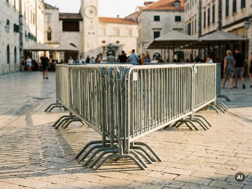 Gegalvaniseerde stalen bouwhekken langs een Europees kinderkopjesplein, met scherpe schaduwen in warm middagzonlicht.