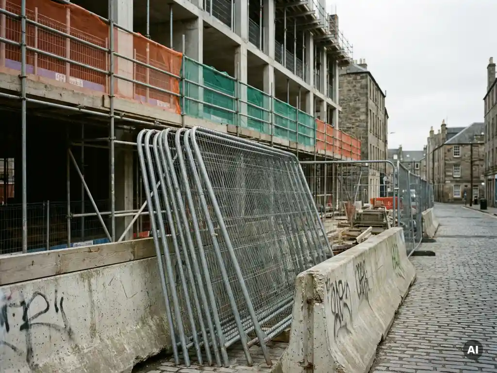 Gestapelde stalen bouwschuttingen tegen een betonnen barrier op een Europese stedelijke bouwplaats, met steigers en veiligheidsnet op de achtergrond.