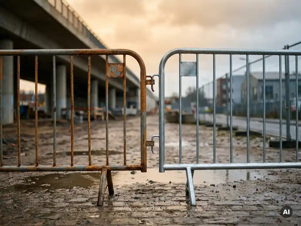 Twee stalen bouwbarricades naast elkaar op een modderige Europese bouwplaats, één met vroege roestvorming en één met glanzende thermisch verzinkte coating.