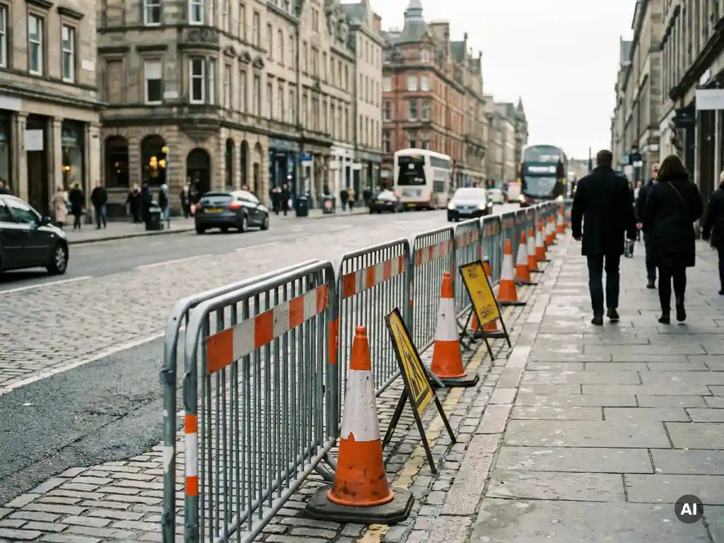 Galvaniseerde stalen bouwbarrières met oranje verkeerskegels op Europese kasseienstraat, klassieke architectuur op achtergrond.