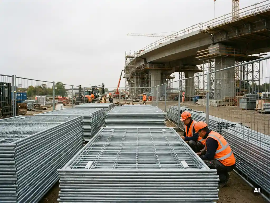 Gestapelde gegalvaniseerde staalomheiningen op Europese infrastructuurlocatie met betonnen viaduct in aanbouw op achtergrond.