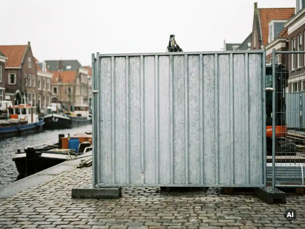 Gegalvaniseerd stalen bouwschutting op een Nederlandse bouwplaats, met glanzende zinkcoating, kasseienbestrating en een wazig grachtenpand op de achtergrond.
