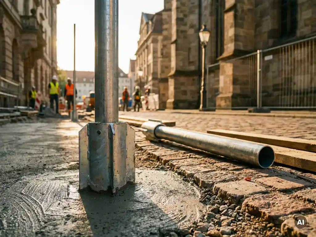 Gegalvaniseerde stalen grondanker in vers beton gegoten op Europese straatlocatie met geplaatste verkeersmast en kobbelstenen achtergrond.