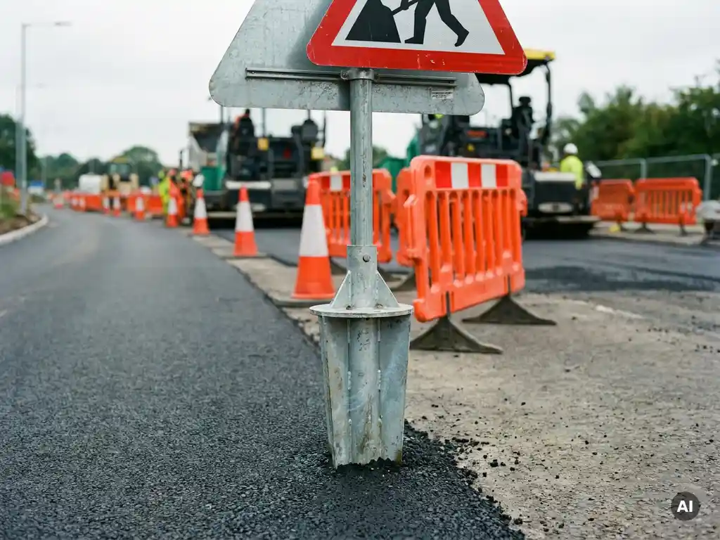 Gegalvaniseerde stalen grondpotanker voor tijdelijk verkeersbord op Europese wegwerkplek met oranje barriers en vers asfalt.