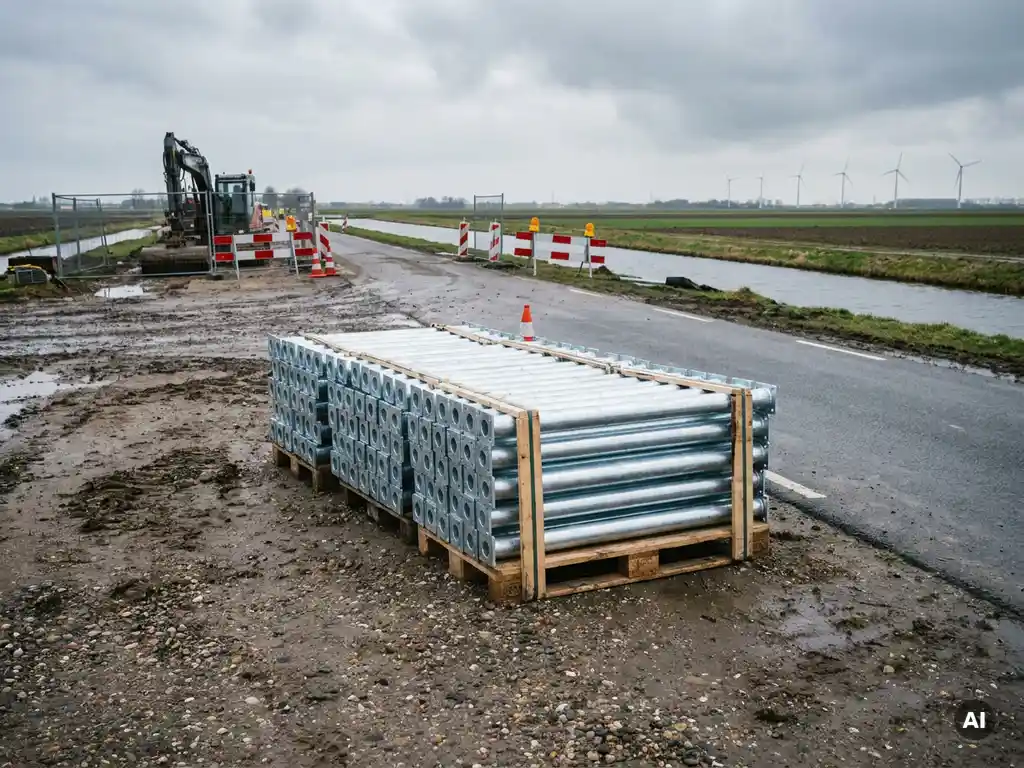 Pallet met verzinkte stalen grondpotten op een Nederlandse infrastructuurlocatie, met een polderlandschap op de achtergrond.