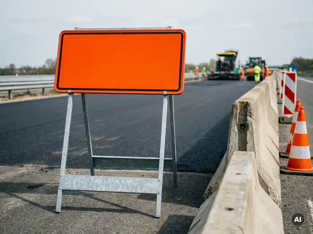 Oranje tijdelijk verkeersbord op stalen A-frame standaard langs Europese snelwegwerkzaamheden met vers asfalt en veiligheidspaaltjes.