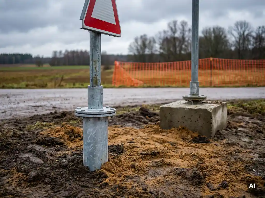 Gegalvaniseerde stalen grondbus in Europese wegberm met verkeersbordpaal en oranje bouwafzetting op de achtergrond.