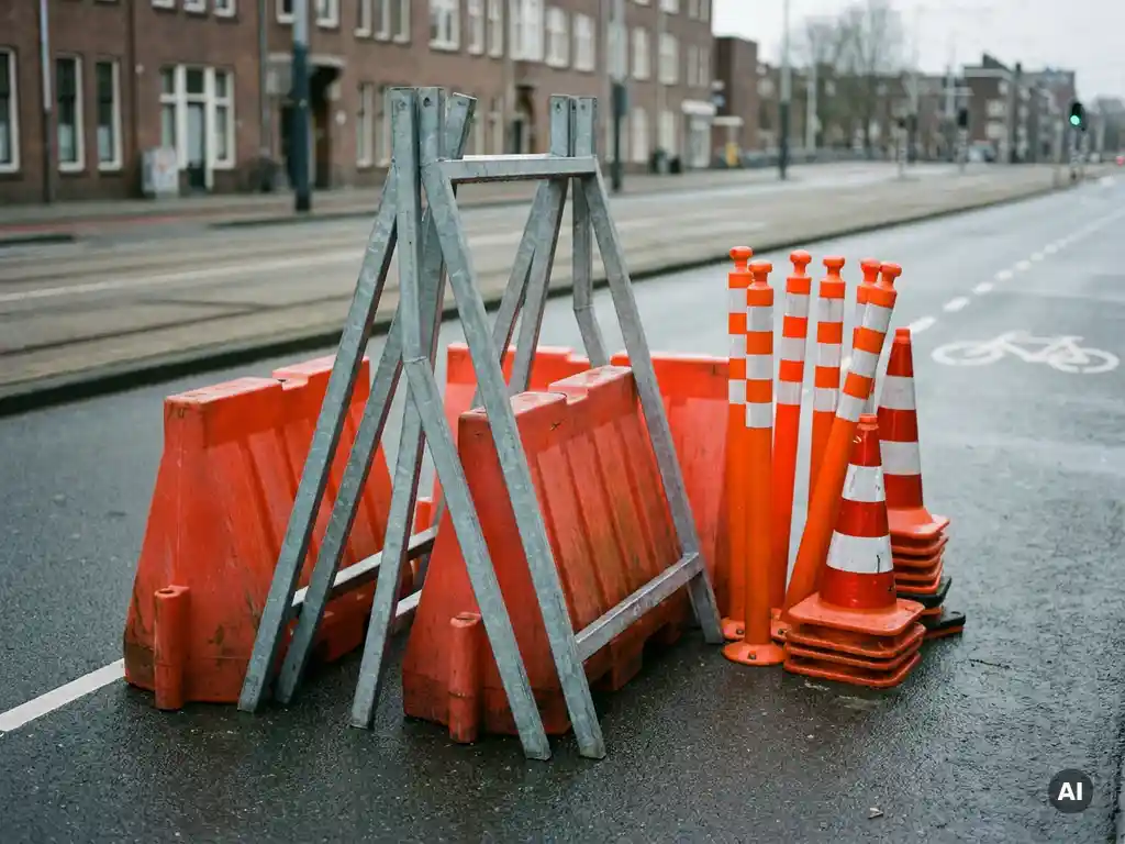 Oranje-rode verkeersbarriers en A-borden op grijs asfalt in een Nederlandse stad, met reflecterende delineatoren en verkeerskegels.