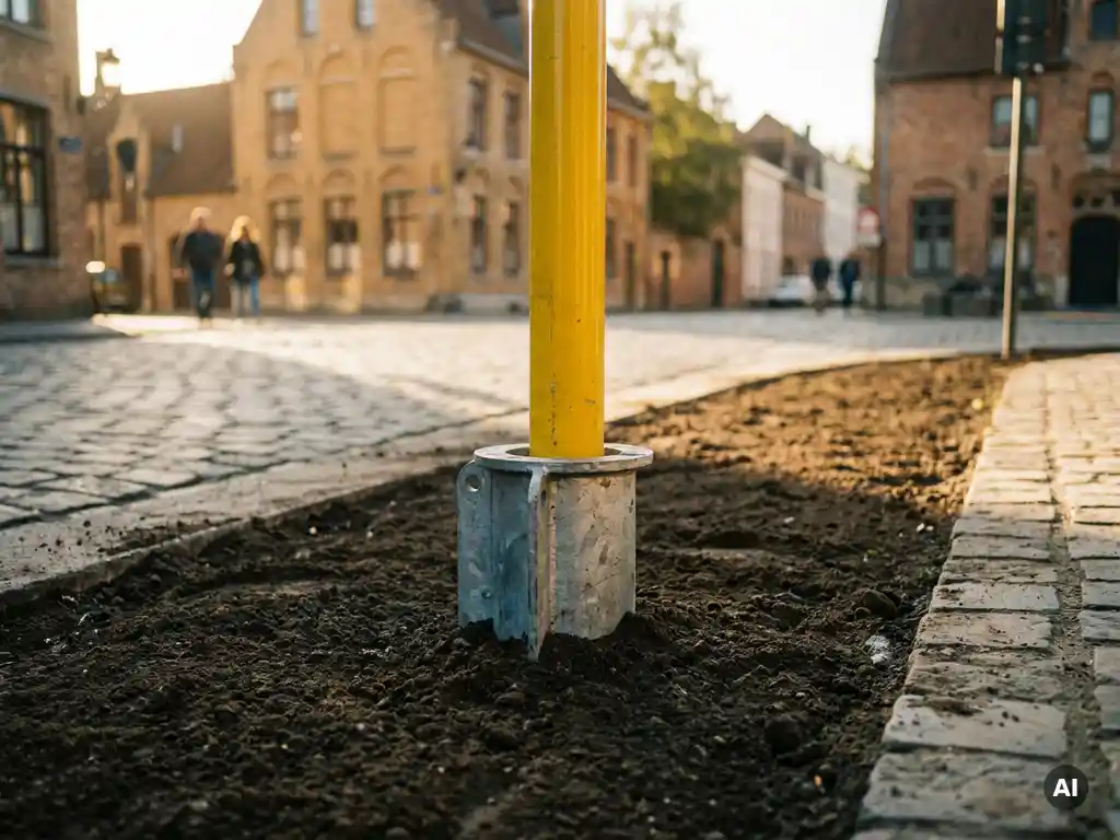 Gegalvaniseerde grondanker in Europese straatbodem met gele verkeerspaal, kinderstenen en bakstenen gevels op achtergrond.