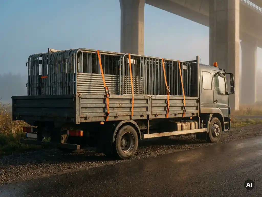 Vrachtwagen met gestapelde gegalvaniseerde bouwhekken vastgezet met oranje sjorbanden, betonnen brugpijlers op mistige ochtend op de achtergrond.