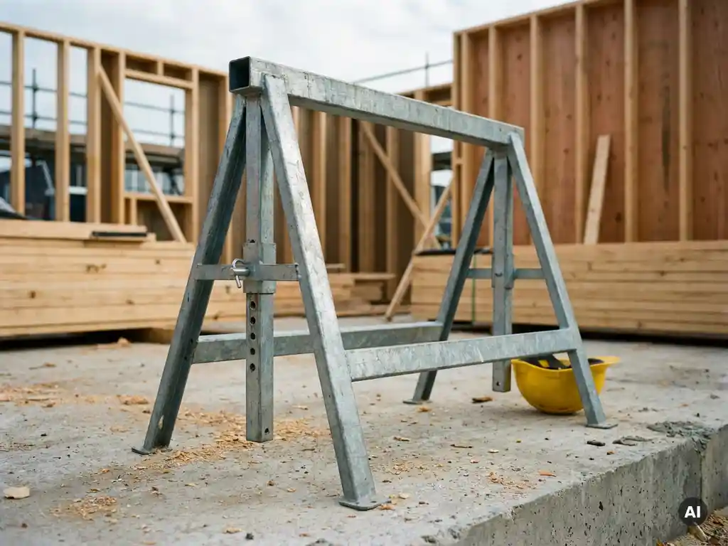 Verstelbaar stalen zaagbok op hoogte vergrendeld op Nederlandse bouwplaats met betonvloer, houtskelet en gele bouwhelm ernaast.