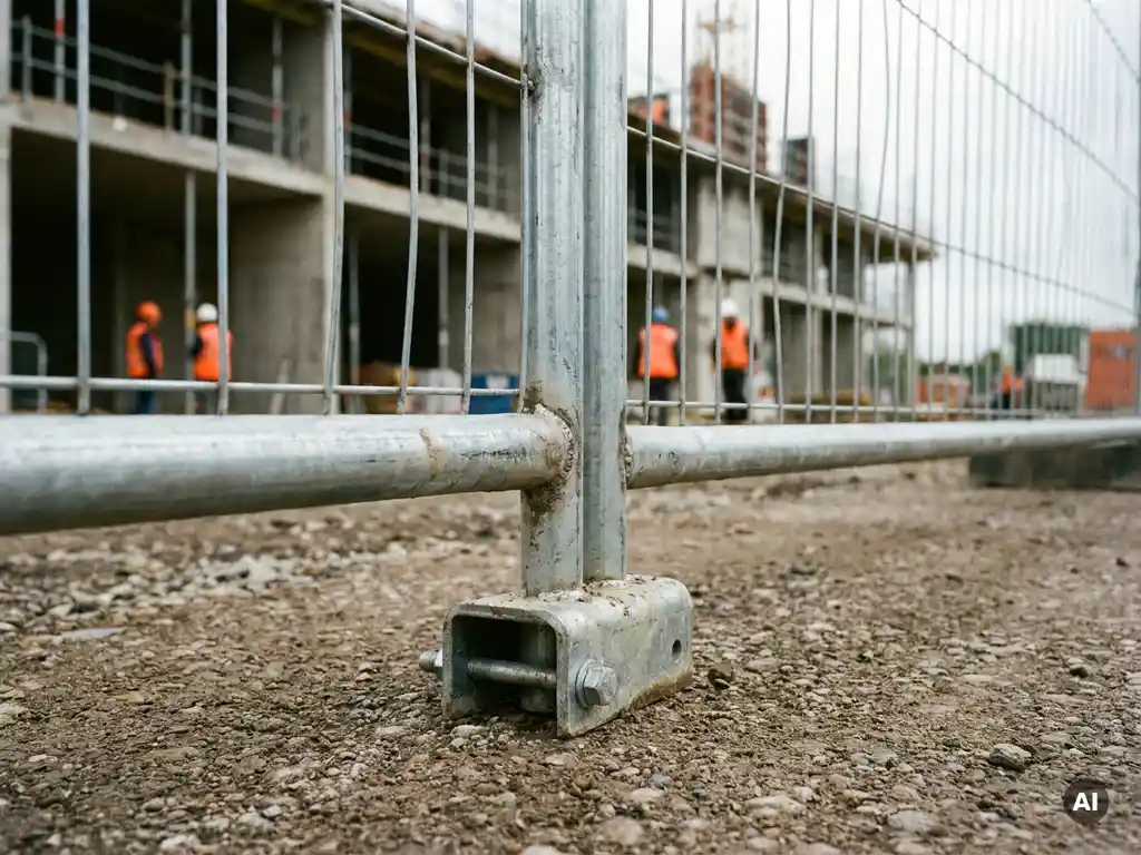 Gegalvaniseerd stalen bouwhek met gelaste maasverbindingen en klemvoeten op grindondergrond, betonnen bouwstructuur op de achtergrond.