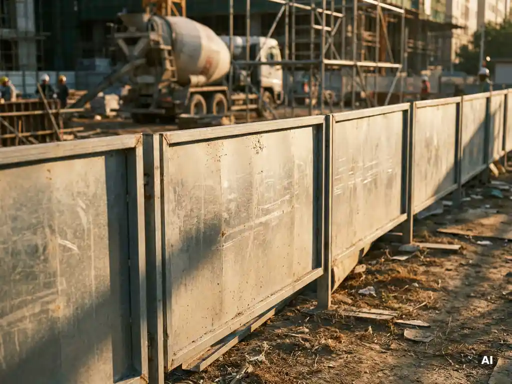 Rij verzinkte stalen bouwbarrières op een drukke stedelijke bouwplaats, met betonmixer en steigers op de achtergrond.
